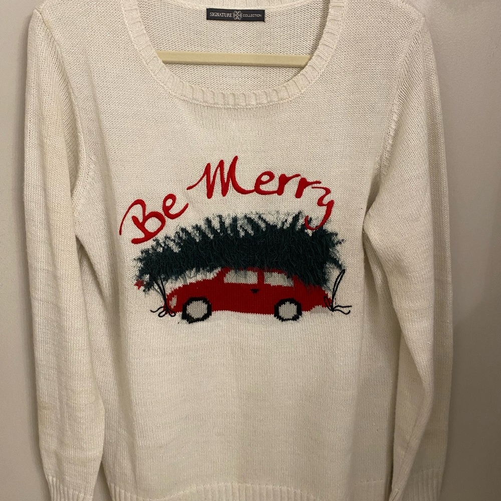 Avon Signature Collection White 'Be Merry' Sweater with Red and Green Design